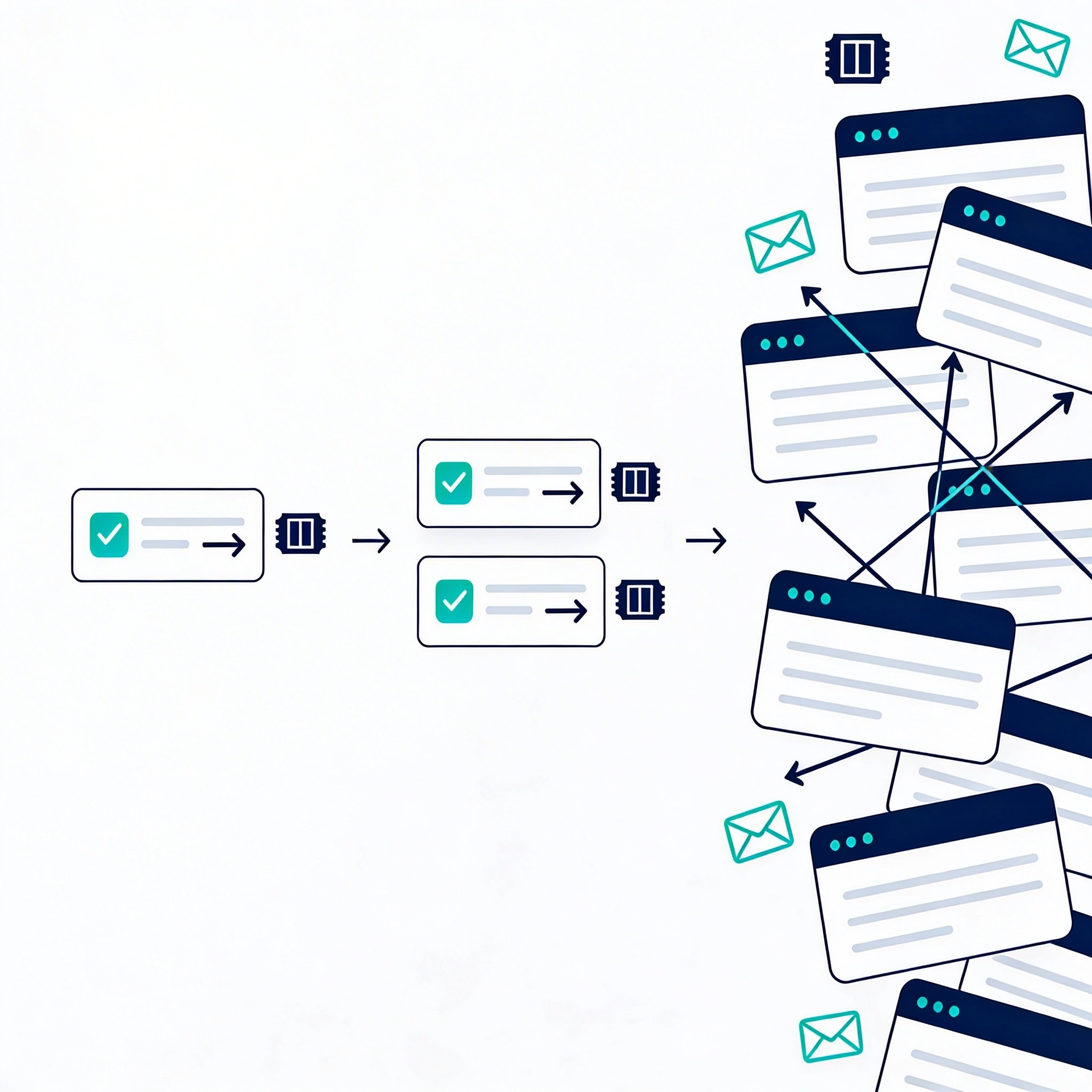 Illustration showing a duplicate action sequence causing repeated outputs across downstream systems.